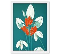 Artery8 Abstract Snowdrops Red Flowers on Teal Retro Mid Century Style Artwork Framed Wall Art Print A4 in White Artery8 White