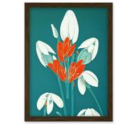 Artery8 Abstract Snowdrops Red Flowers on Teal Retro Mid Century Style Artwork Framed Wall Art Print A4 in Brown Artery8 Brown