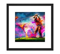 Artery8 Abstract Splatter Art Golf Course Golfer Golfing Oil Painting Taking a Swing on Green Multicoloured Square Wooden Framed Wall Art Print Artery8 Black
