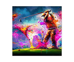 Artery8 Abstract Splatter Art Golf Course Golfer Golfing Oil Painting Taking a Swing on Green Multicoloured Premium Wall Art Canvas Print 24X24 Inch