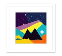 Artery8 Abstract Starry Sky Landscape Hills Moon Yellow Orange Teal Illustration Square Wooden Framed Wall Art Print Picture 8X8 Inch in White Artery8 White