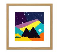 Artery8 Abstract Starry Sky Landscape Hills Moon Yellow Orange Teal Illustration Square Wooden Framed Wall Art Print Picture 8X8 Inch in Light Oak Artery8 Light Oak