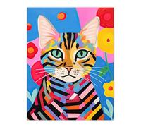 Artery8 Abstract Stripey Cat Vibrant Oil Painting Bright Floral Pet Portrait Kids Bedroom Extra Large XL Wall Art Poster Print