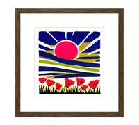 Artery8 Abstract Sunrise Indigo Blue Sky Over A Field Of Red Poppy Flowers Painting Square Wooden Framed Wall Art Print Picture 8X8 Inch in Brown Artery8 Brown