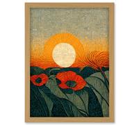 Doppelganger33 LTD Abstract Sunrise Over Poppy Meadow William Morris Style Artwork Framed Wall Art Print A4