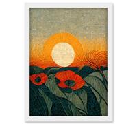 Artery8 Abstract Sunrise Over Poppy Meadow William Morris Style Artwork Framed Wall Art Print A4 in White Artery8 White
