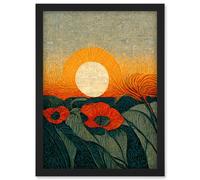 Artery8 Abstract Sunrise Over Poppy Meadow William Morris Style Artwork Framed Wall Art Print A4 in Black Artery8 Black