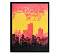 Wall Art Print Abstract Sunset Cityscape Yellow and Pink Framed Picture Artery8 Pink A4
