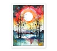 Artery8 Abstract Sunset Landscape Watercolour Painting Countryside Lake Autumn Trees Artwork Framed Wall Art Print 18X24 Inch