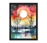 Artery8 Abstract Sunset Landscape Watercolour Painting Countryside Lake Autumn Trees Artwork Framed Wall Art Print 18X24 Inch