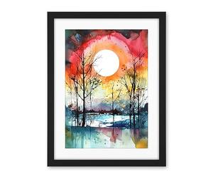 Artery8 Abstract Sunset Landscape Watercolour Painting Countryside Lake Autumn Trees Artwork Framed Wall Art Print 18X24 Inch