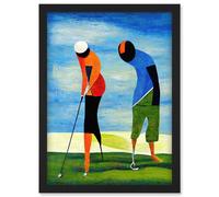 Abstract Surreal Modern Golf Golfing Couple Playing Artwork Framed Wall Art Print A4