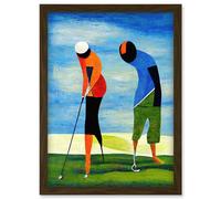 Artery8 Abstract Surreal Modern Golf Golfing Couple Playing Artwork Framed Wall Art Print A4 in Brown Artery8 Brown