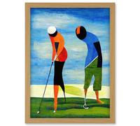 Abstract Surreal Modern Golf Golfing Couple Playing Artwork Framed Wall Art Print A4
