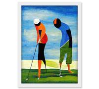 Artery8 Abstract Surreal Modern Golf Golfing Couple Playing Artwork Framed Wall Art Print A4 in White Artery8 White