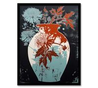 Artery8 Abstract Sycamore And Dahlia Artistic Linocut Painting Pastel Blue Red Grey Bouquet Nature Colourful Bright Floral Modern Artwork Artwork Framed Wall Art Print 18X24 Inch