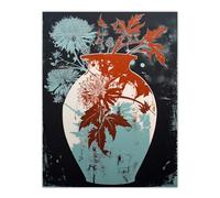 Artery8 Abstract Sycamore And Dahlia Artistic Linocut Painting Pastel Blue Red Grey Bouquet Nature Colourful Bright Floral Modern Artwork Large Wall Art Poster Print Thick Paper 18X24 Inch
