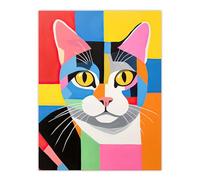 Wall Art Print Abstract Tabby Cat Oil Painting Vibrant Geometric Fun Pet Portrait Poster Artery8 Multi W18 inch x H24 inch