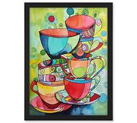 Artery8 Abstract Tea Cups Folk Art Kitchen Artwork Framed A3 Wall Art Print