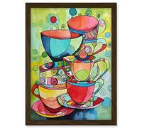 Artery8 Abstract Tea Cups Folk Art Kitchen Artwork Framed A3 Wall Art Print