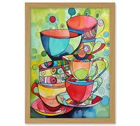 Artery8 Abstract Tea Cups Folk Art Kitchen Artwork Framed A3 Wall Art Print