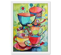 Artery8 Abstract Tea Cups Folk Art Kitchen Artwork Framed A3 Wall Art Print
