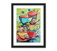 Artery8 Abstract Tea Cups Folk Art Kitchen Artwork Framed Wall Art Print 18X24 Inch