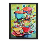Artery8 Abstract Tea Cups Folk Art Kitchen Artwork Framed Wall Art Print 18X24 Inch