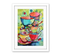 Artery8 Abstract Tea Cups Folk Art Kitchen Artwork Framed Wall Art Print 18X24 Inch