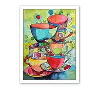 Artery8 Abstract Tea Cups Folk Art Kitchen Artwork Framed Wall Art Print 18X24 Inch