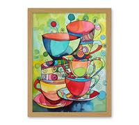 Artery8 Abstract Tea Cups Folk Art Kitchen Artwork Framed Wall Art Print 18X24 Inch