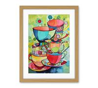 Artery8 Abstract Tea Cups Folk Art Kitchen Artwork Framed Wall Art Print 18X24 Inch