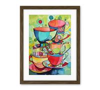 Artery8 Abstract Tea Cups Folk Art Kitchen Artwork Framed Wall Art Print 18X24 Inch