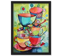 Artery8 Abstract Tea Cups Folk Art Kitchen Artwork Framed Wall Art Print A4