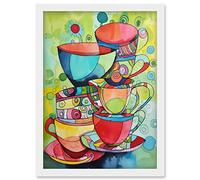 Artery8 Abstract Tea Cups Folk Art Kitchen Artwork Framed Wall Art Print A4