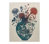 Wall Art Print Abstract Thistle Flowers Artistic Linocut Painting Teal Blue Red Scottish Bouquet Nature Colourful Bright Floral Modern Artwork Poster Artery8 Multi W24 inch x H32 inch