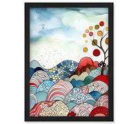 Artery8 Abstract Tree On Sea And Landscape Folk Art Artwork Framed Wall Art Print A4