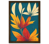 Artery8 Abstract Tropical Leaf Linocut Flowers Blue Gold Artwork Framed Wall Art Print A4 in Brown Artery8 Brown