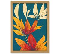 Artery8 Abstract Tropical Leaf Linocut Flowers Blue Gold Artwork Framed Wall Art Print A4 in Light Oak Artery8 Light Oak