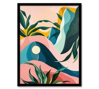 Artery8 Abstract Tropical Leaves Mountains Pastel Colour Framed Art Print in Pink | Size: A4 Artery8 Pink A4