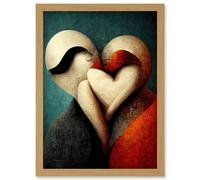 Artery8 Abstract True Love Modern Teal Coral Black Artwork Framed Wall Art Print A4 in Light Oak Artery8 Light Oak