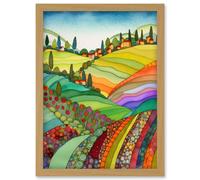 Abstract Tuscany Hills Landscape Folk Art Artwork Framed Wall Art Print A4 Artery8 Light Oak One Size