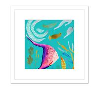Artery8 Abstract Under the Ocean Sea Scene Marine Plants & Fish Colourful Painting Square Wooden Framed Wall Art Print Picture 8X8 Inch in White Artery8 White