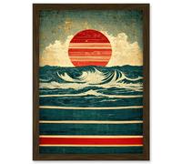 Artery8 Abstract Waves Sunrise Seascape Red Blue Gold Artwork Framed Wall Art Print A4 in Brown Artery8 Brown