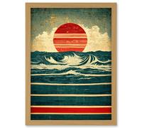 Artery8 Abstract Waves Sunrise Seascape Red Blue Gold Artwork Framed Wall Art Print A4 in Light Oak Artery8 Light Oak