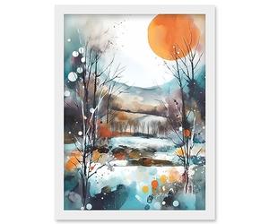 Artery8 Abstract Winter Landscape Watercolour Painting Boho Countryside Sunrise Snow Artwork Framed Wall Art Print A4