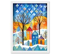 Artery8 Abstract Winter Snowfall Folk Art Artwork Framed Wall Art Print A4