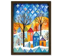Artery8 Abstract Winter Snowfall Folk Art Artwork Framed Wall Art Print A4