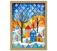 Abstract Winter Snowfall Folk Art Artwork Framed Wall Art Print A4 Artery8 Light Oak One Size