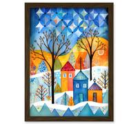 Artery8 Abstract Winter Snowfall Folk Art Artwork Framed Wall Art Print A4